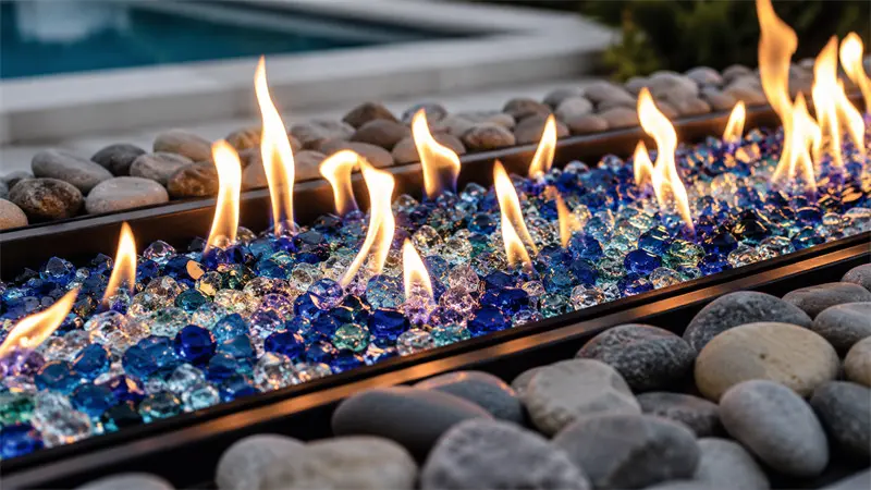 Close-up of heat-resistant decorative fire glass and smooth pebbles for fire pits and hearths