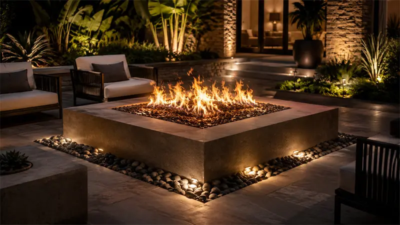 Luxury patio fire pit using blue fire glass and heat-resistant pebbles for outdoor decoration