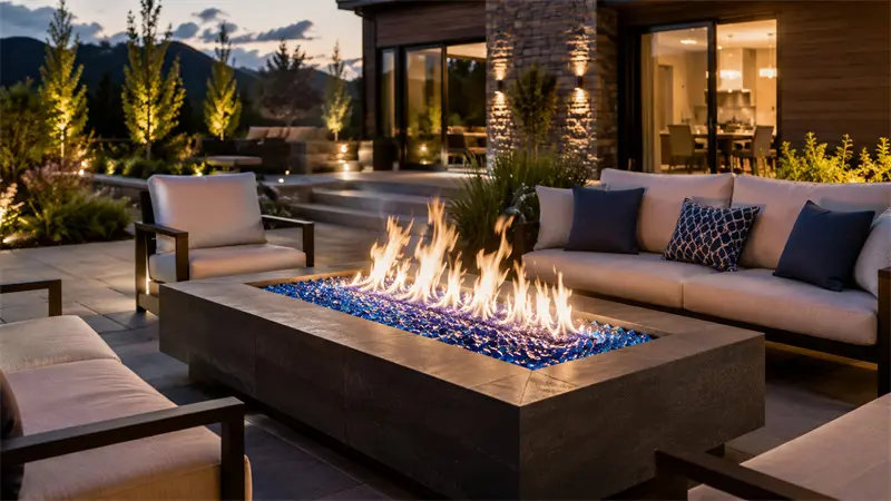 Modern hearth and fire pit design with decorative glass rocks and landscape pebbles