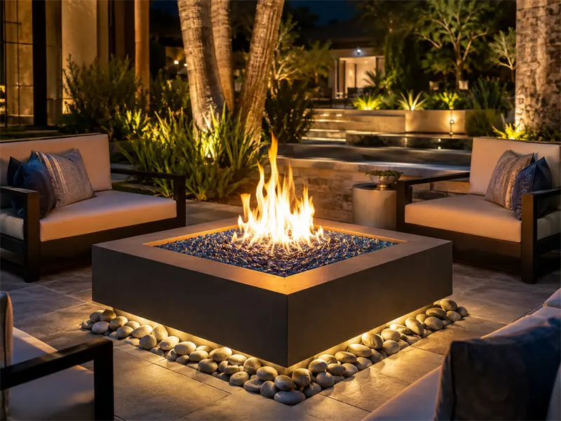 Square outdoor fire pit with dark fire glass and landscape stones for residential patio design