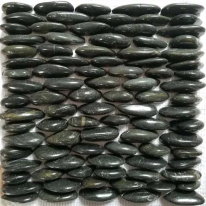 Black standing pebble tile made from natural pebbles on mesh backing