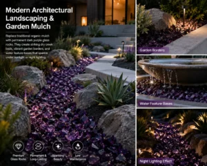 Factory-direct deep purple glass aggregates for high-end terrazzo and architectural landscaping.