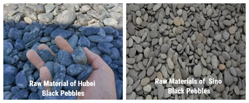 Raw material comparison between Hubei black and Sino black for producing High Polished Black Pebbles.