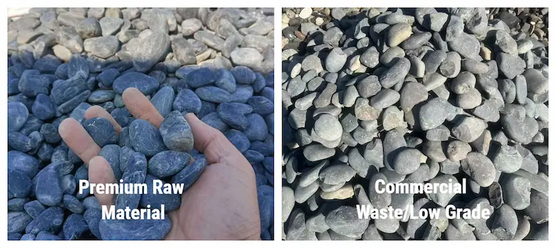 Comparison of premium high polished black pebbles versus low-grade raw materials by Changzhou Bloom Stone.