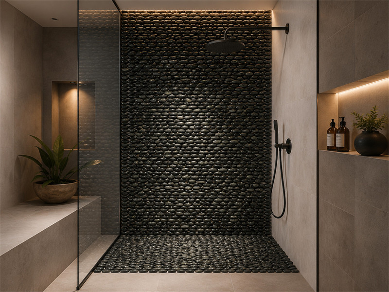 Natural black cut pebble tile with polished surface for bathroom and shower