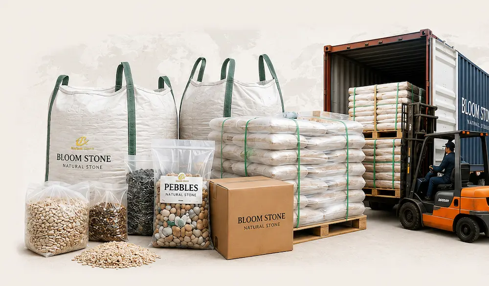 Packaging solutions for pebbles, gravel, crushed stone, pebble tiles and decorative glass products