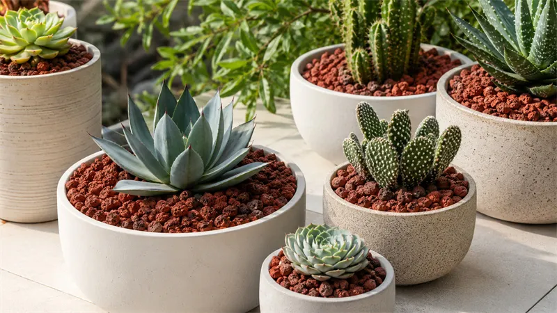Red lava rock used as top dressing for succulent and cactus pots
