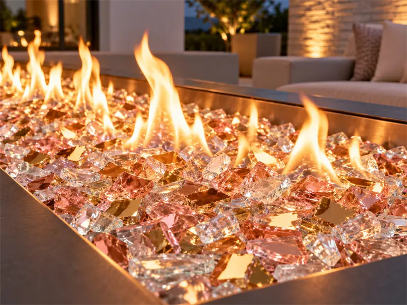 Decorative tempered fire glass with pink and champagne coating